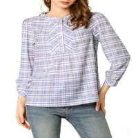 Ženska karirana gumba bluza okrugli vrat ležerna košulja vrhova xl plava