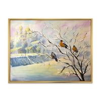 DesignArt 'rustikalne ptice koje sjede na drvetu u zimskom selu' Farmhouse uokvirena platno zidni umjetnički tisak