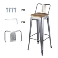 Dizajnerska skupina srebrnih metalnih barskih stolica s niskim naslonom sa sjedalom od svijetlog drveta, set od