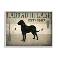 Stupell Industries Labrador Lake rustikalni pas veslački čamac vesla znak kabine grafika u sivom okviru zidni tisak,