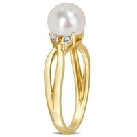 Ženski prsten od bijelog okruglog slatkovodnog bisera i dijamanta u 10k žutom zlatu s podijeljenom drškom