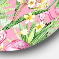 DesignArt 'Žuti cvjetovi, tropsko lišće s Flamingo III' Moderni krug metal zidne umjetnosti - disk od 11