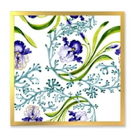 Sažetak plavog irisa s divljim proljetnim lišćem uokvirenim slikanjem platna Art Print