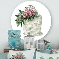 DesignArt 'bijeli cvjetovi i ružičaste ruže na torti' Tradicionalni krug metal zidne umjetnosti - disk od 11