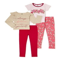 Ružičasti baršun djevojke grafičke majice ruffle rukte i set ispisanih ukusnih gamaša, 4-komad, veličine 4-12