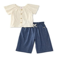 Wonder Nation Baby Girl & Toddler Girl Cratki rukavi Top i široke hlače za noge, Outfit Set