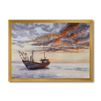 Dizajnerski crtež drveni ribarski brod na Baltičkoj obali s večernjim oblacima u morskom i obalnom okviru
