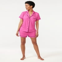 Joyspun ženski pleteni ovratnik vrh i kratke hlače set pidžama, 2-komad, veličine s do 3x