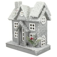 Osvijetljena bijela i siva snježna kućica Božićni ukras radne površine