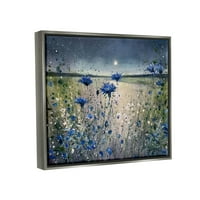 Cvjetanje plavih cvjetova noćni mjesec pejzaž slikanje sjajnom sivom uokvirenom umjetničkom printom zidna umjetnost