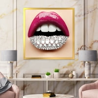 DesignArt 'Djevojke usne s ružičastim ružem Moderni uokvireni umjetnički print s bijelim dijamantima