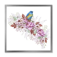DesignArt 'mala plava ptica koja sjedi na šarenom Boquet of cvijeće' tradicionalno uokvireni umjetnički tisak